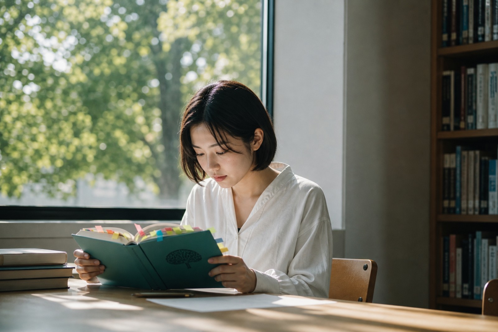 心理学のテキストとノートで統計の学び直しに取り組む様子