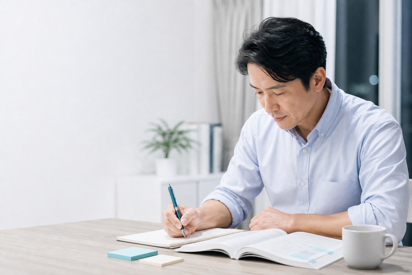 昇進・昇格試験の問題集に取り組む40代のビジネスパーソン