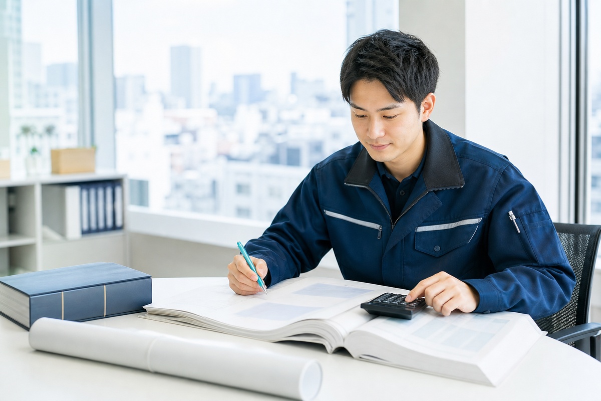 事務所でテキストを開いて測量の計算に取り組む社会人