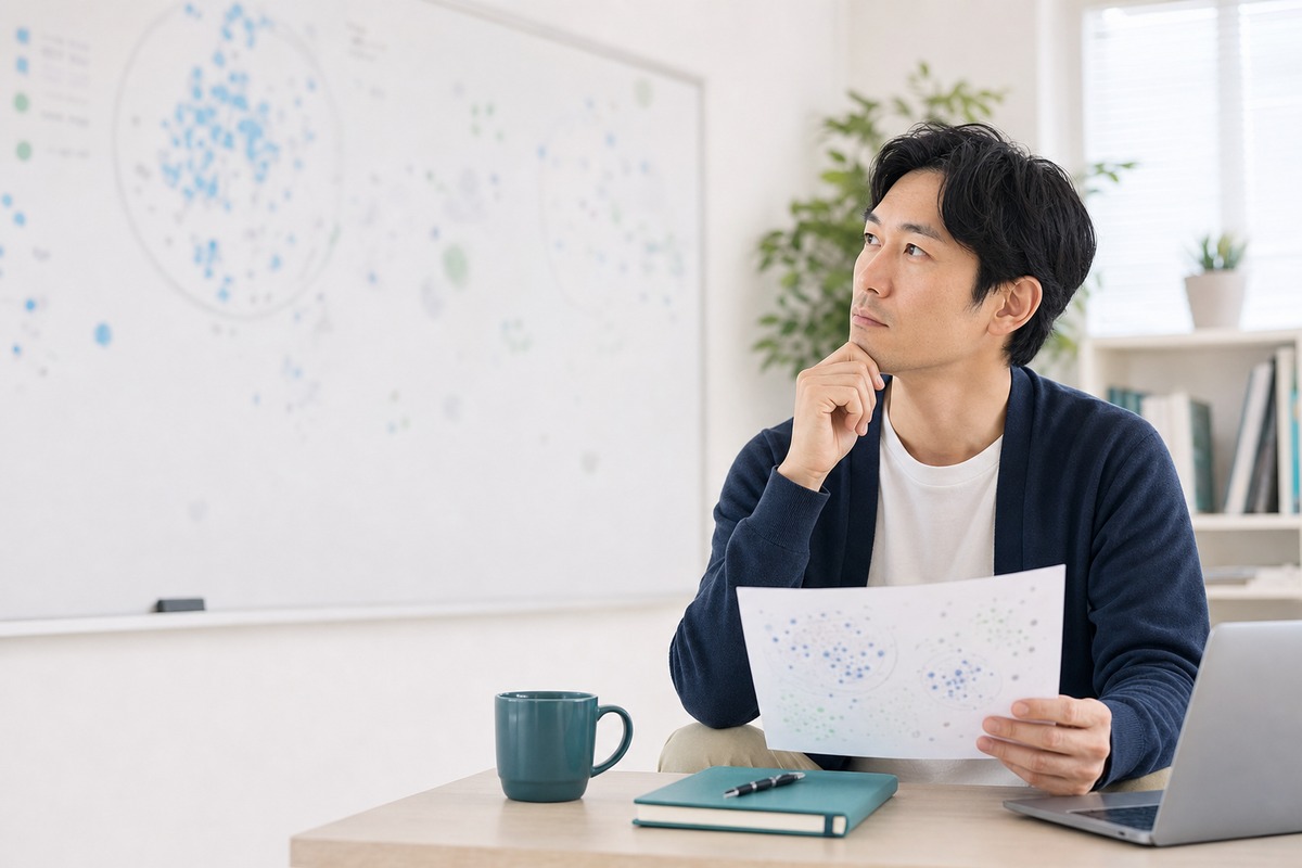 ホワイトボードの散布図で多変量解析を考える様子
