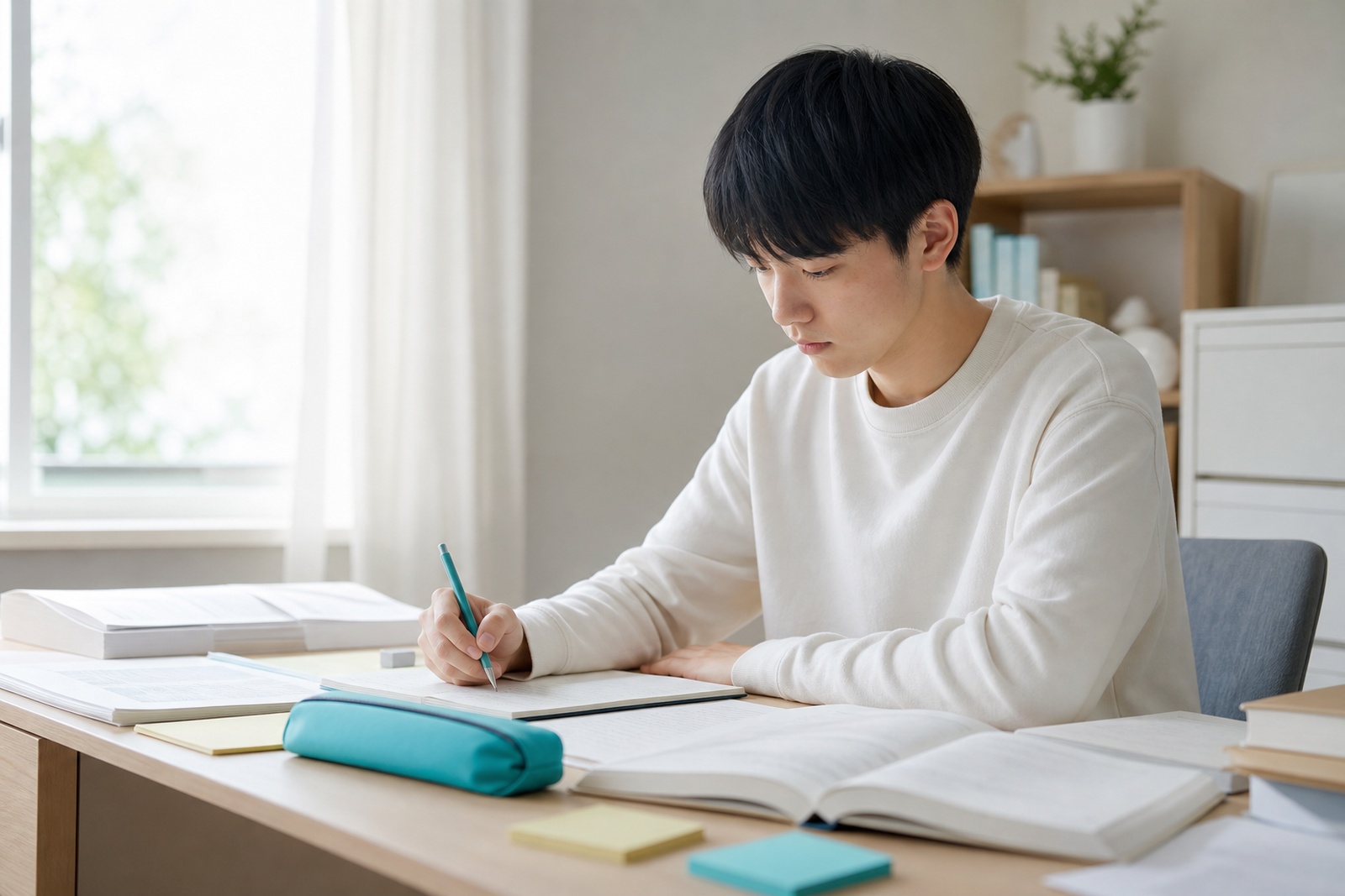 自宅の机で数学の問題集に向かう浪人生