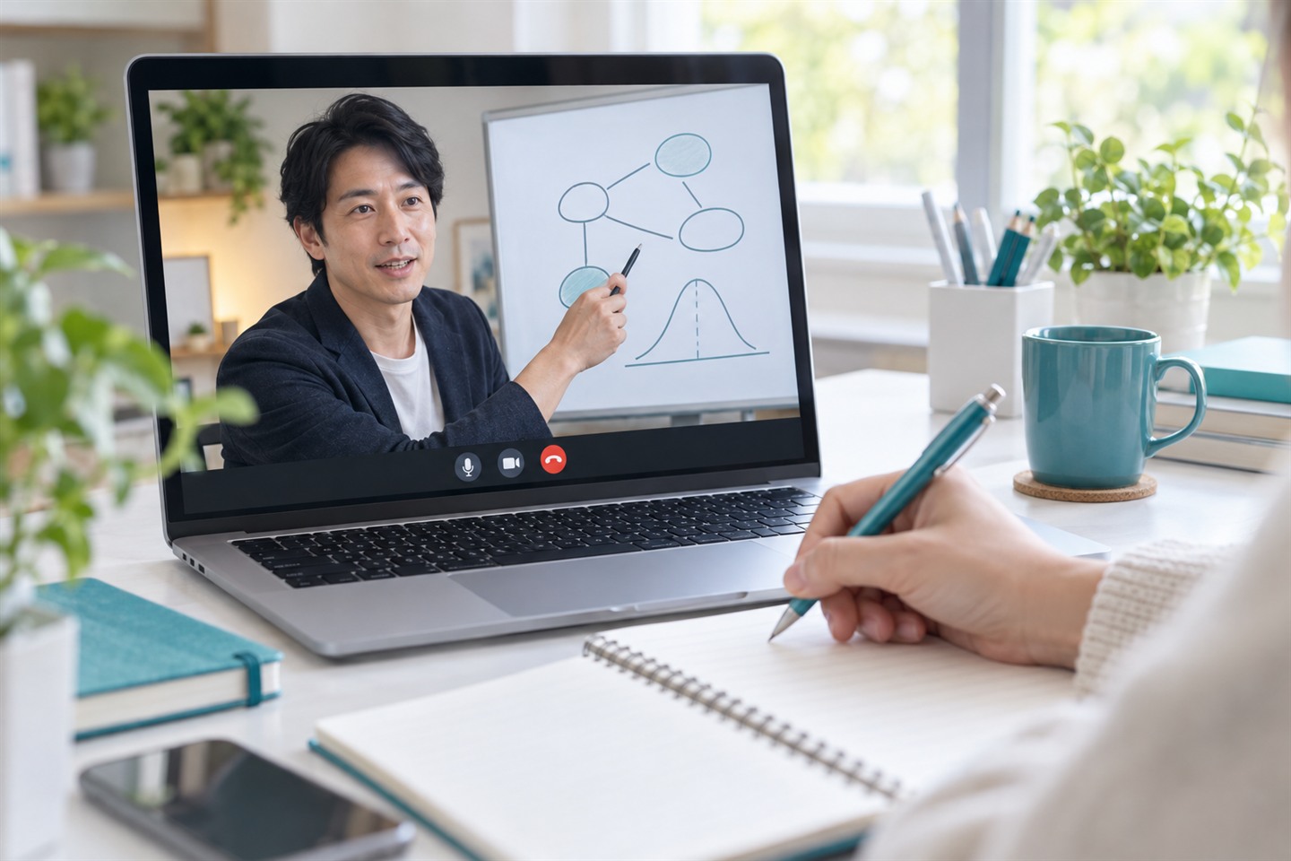 画面共有で統計の全体像を示す図を講師と確認する様子