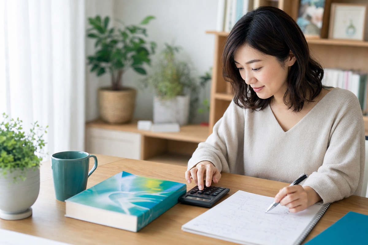 英語の会計テキストと電卓でUSCPAの計算に取り組む様子