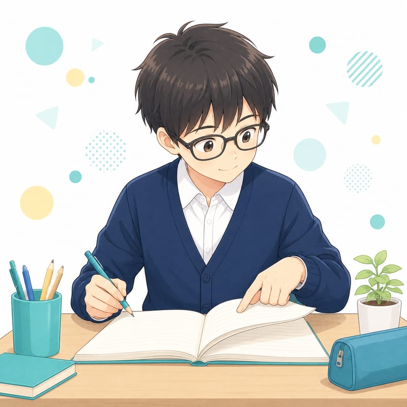 ノートの前のページを見返している中学生のイラスト