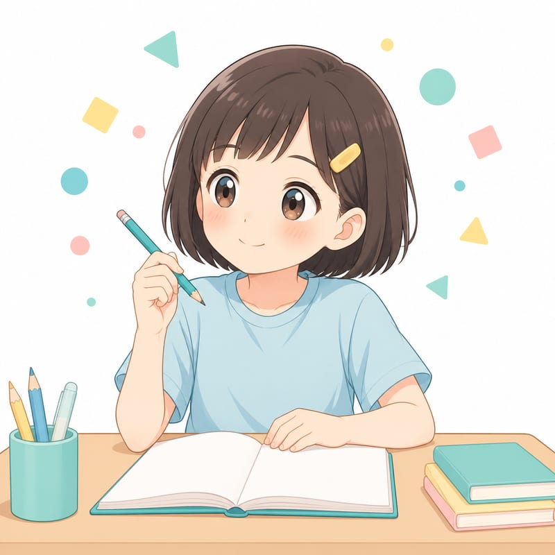 ノートを見つめて考え込んでいる小学生のイラスト