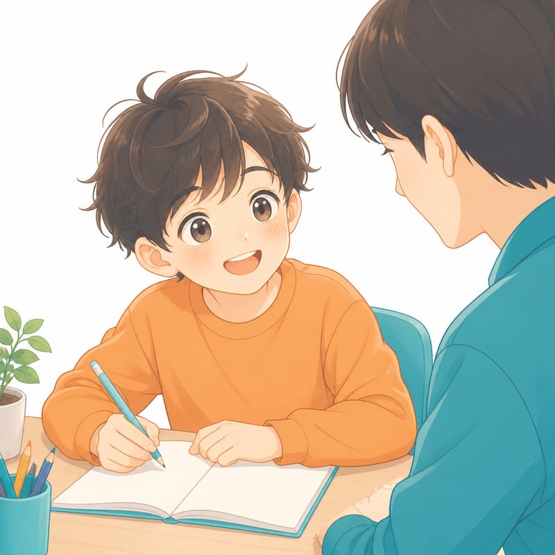 講師と向かい合って一緒に考えている小学生のイラスト