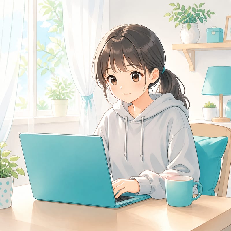 自宅の窓辺でノートパソコンに向かう中学生のイラスト