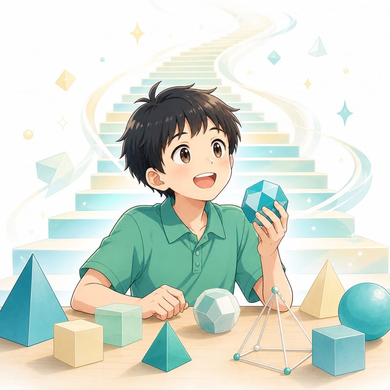 立体模型を前に目を輝かせている小学生のイラスト