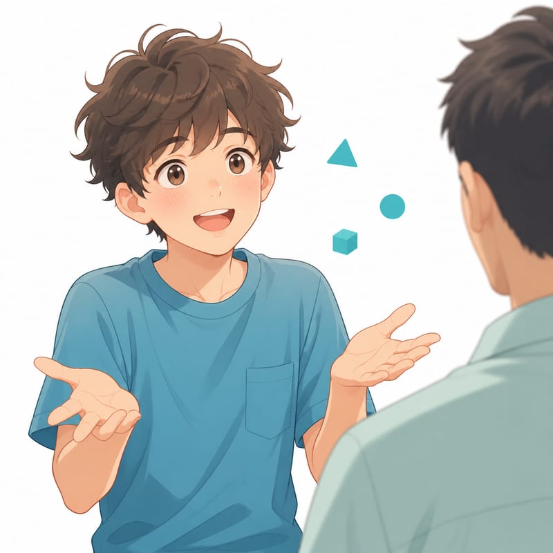 身振りを交えて考えを説明している中学生のイラスト