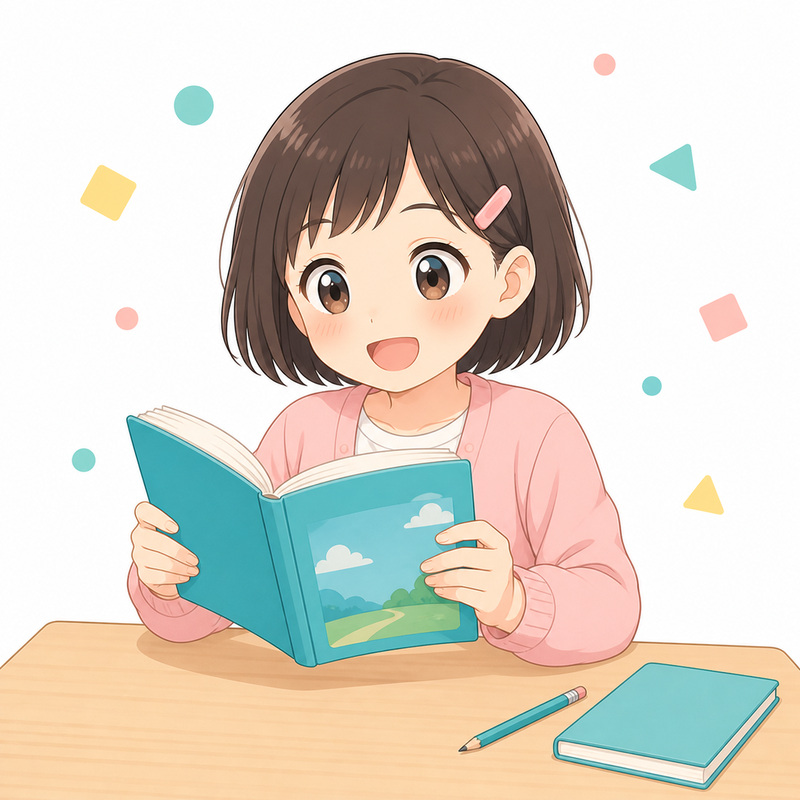 本を夢中で読んでいる小学生のイラスト