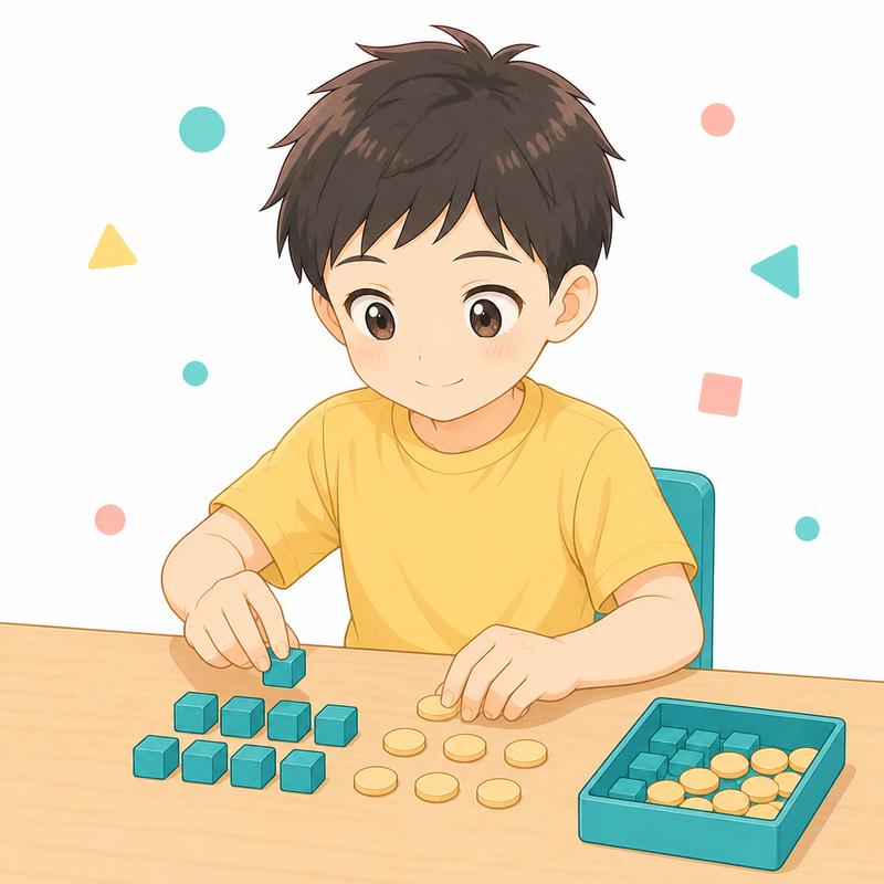 数の玉やブロックを10のまとまりに並べている小学生のイラスト