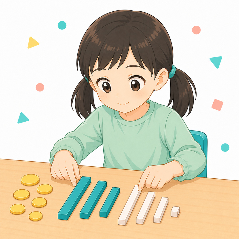 硬貨の模型と長さの違う棒を並べて確かめている小学生のイラスト