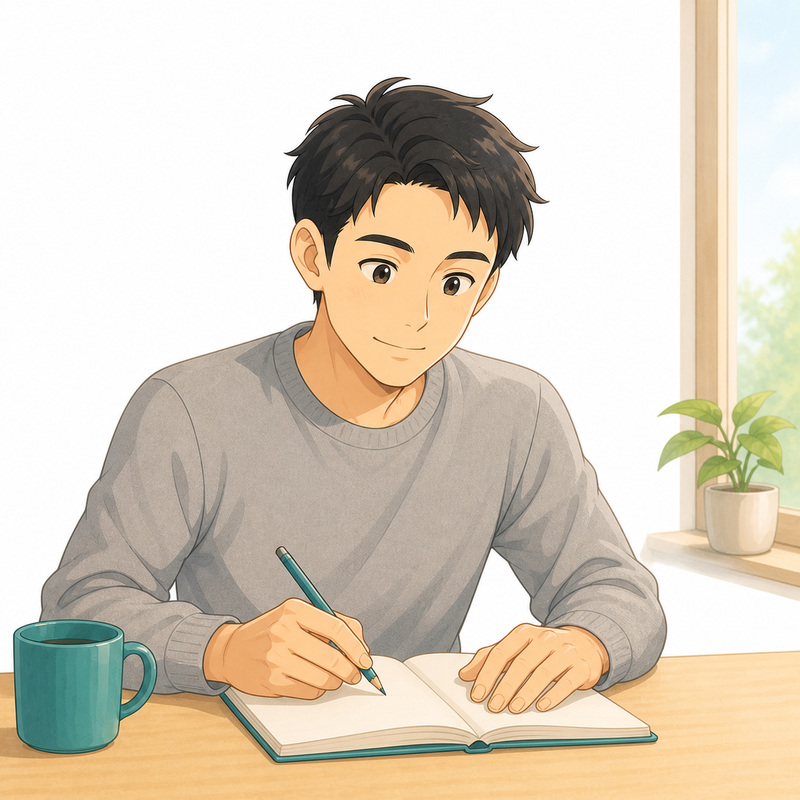 自宅の机でノートに向かう大人のイラスト
