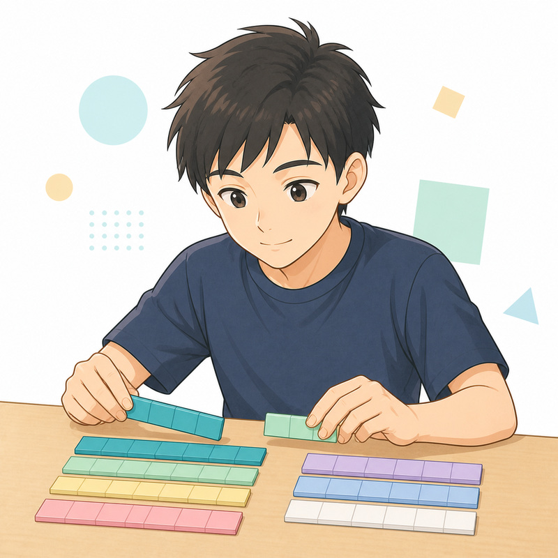 分数の帯を並べ替えている中学生のイラスト