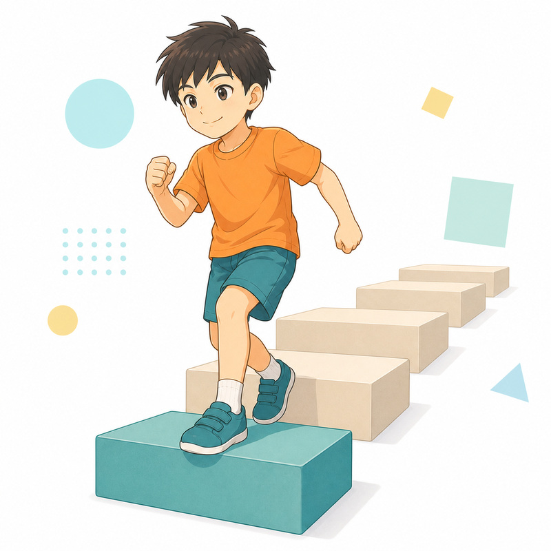 階段を一段下りて、確かな段に立ち直している小学生のイラスト