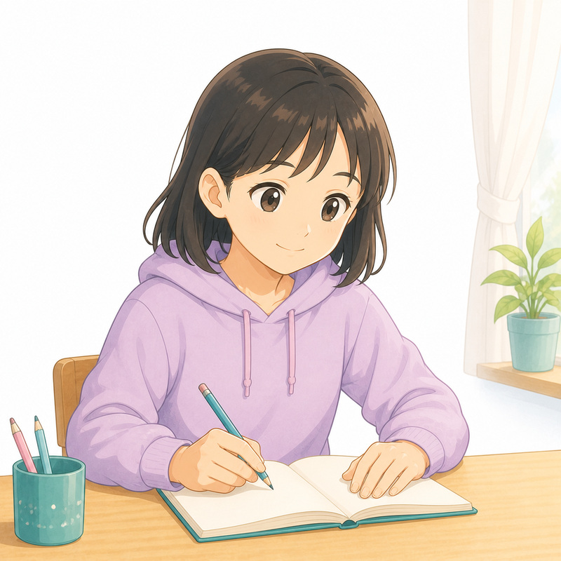 自宅の机で紙のノートを開いている小学生のイラスト