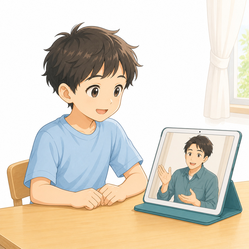 自宅でタブレット越しに一対一の授業を受けている小学生のイラスト