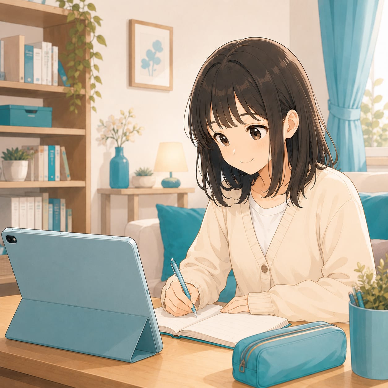 自宅でタブレット越しに1対1の授業を受けている中学生のイラスト