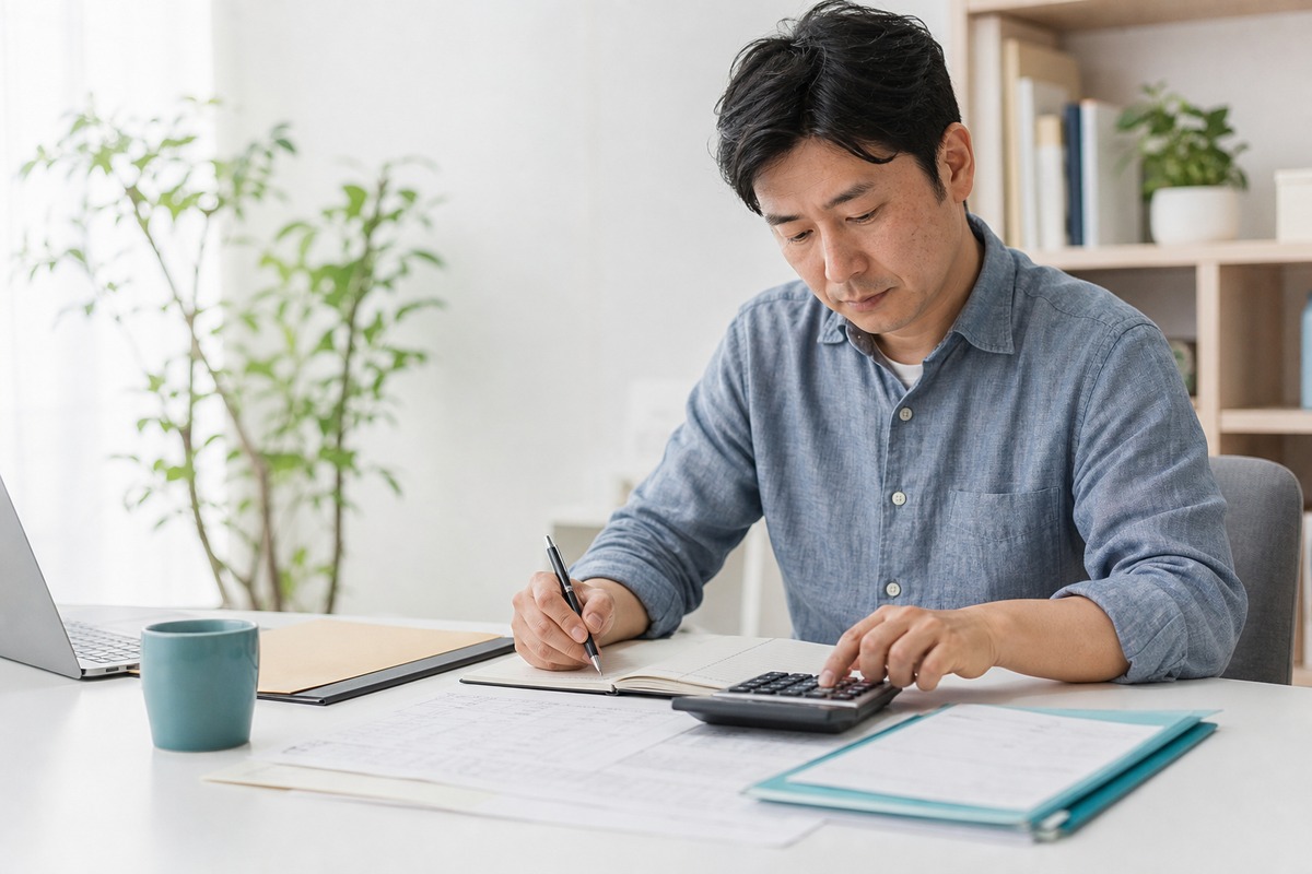 会計帳簿と電卓で税理士試験の計算に取り組む様子
