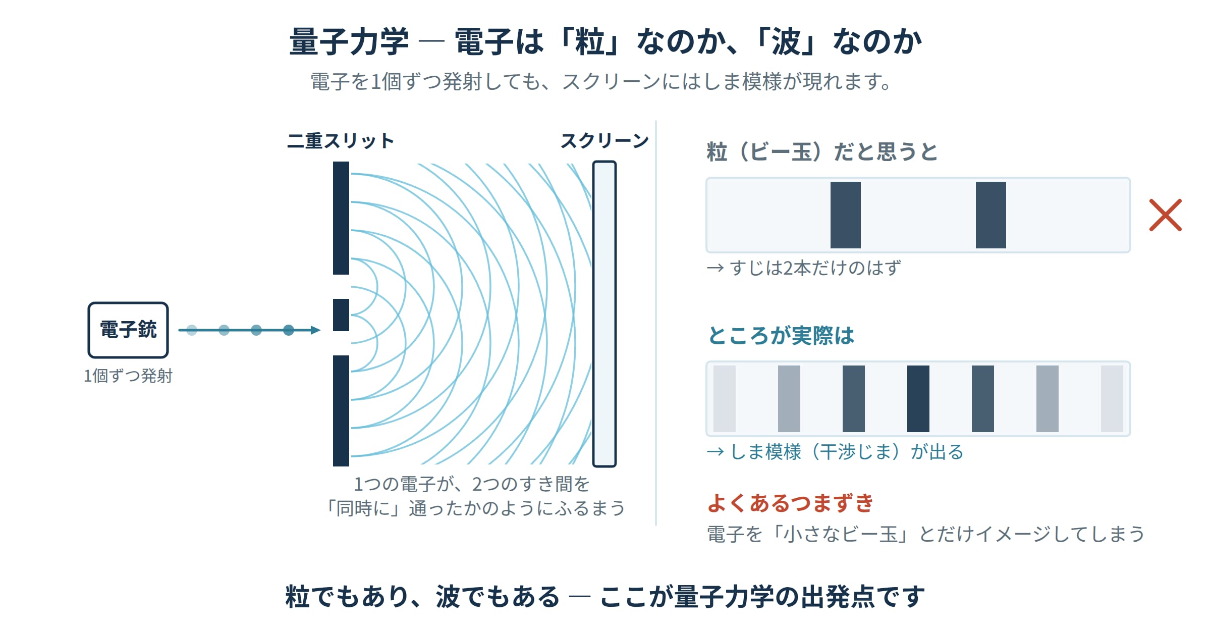 量子力学の二重スリット実験の図解。粒子だと思うと2本のすじになるはずが、実際は干渉じまがあらわれることを示す